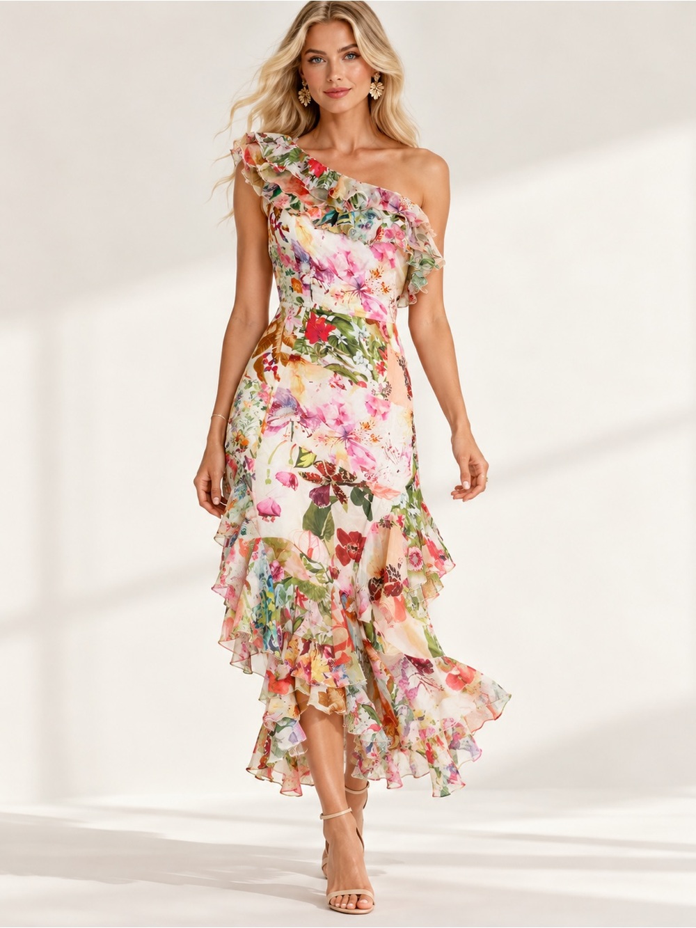 Mandira Wirk Off-The-Shoulder Asymmetrical Midi Dress size Medium